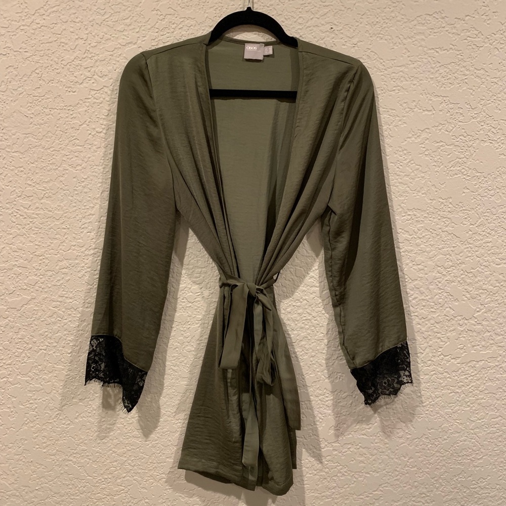 New Asos Green Olive Black Lace Silky Robe
